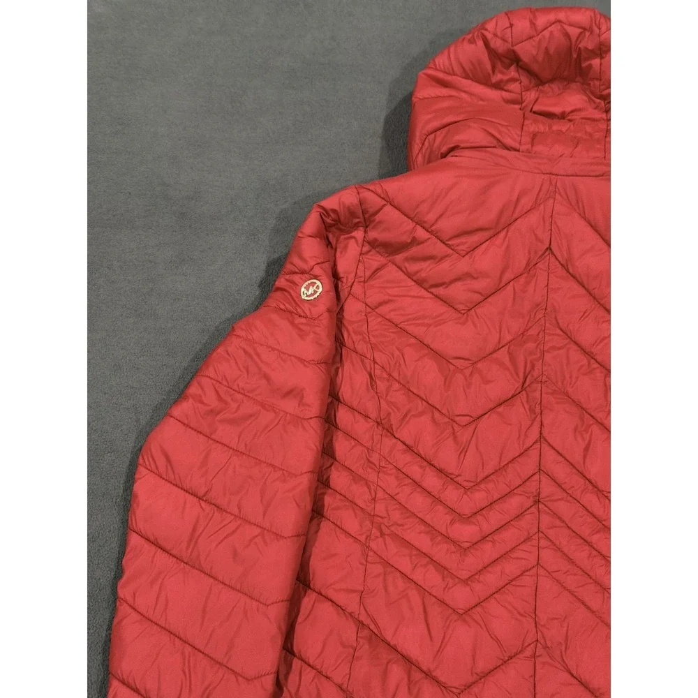 Michael Kors Packable Puffer Jacket Womens Small Red Lined Down Hooded Full Zip